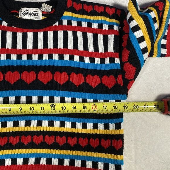 Vtg Knit Works Sweater Hearts Stripes Mixed Media Oversized Crew Neck Women's M - Picture 5 of 7